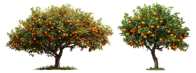 Two orange trees laden with ripe fruit.