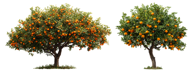 Two orange trees laden with ripe fruit.