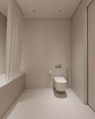 Side view of modern bathroom interior design with tiles beige walls and floor and soft lighting. 3D Rendering