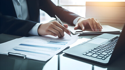 Document management concept. Person use laptop to paperless online approval for business process workflow illustrating management approval and project approve concept.