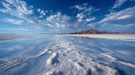 Obraz premium A vast salt flat landscape under clear sky, endless white terrain, minimalistic and serene scenery, perfect for travel, nature, and aerial photography projects.