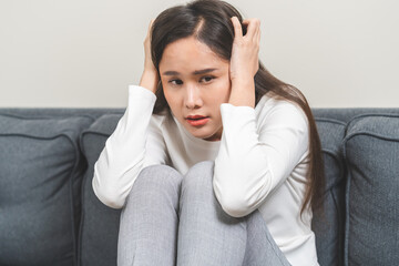 Sad, unhappy. Alone asian young woman, girl expression face thinking about problem, difficulty,...