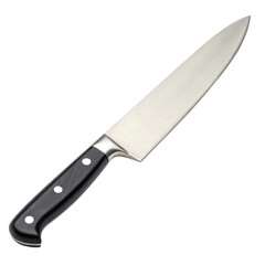 Sharp kitchen knife with a sleek blade and a black handle.