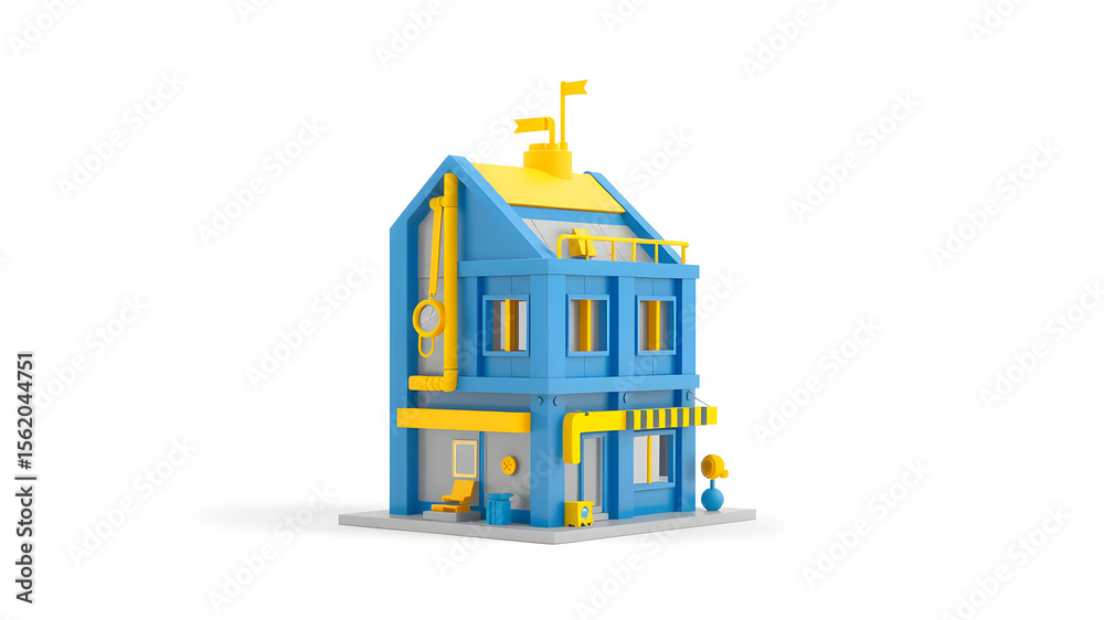 Fototapete 3d rendering toy-like of modern building. consistence color is blue and yellow, and it is element of