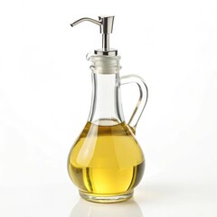 Glass oil dispenser with a silver pump, holding golden liquid.