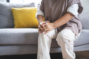 Body arthritis muscles stiff problem, aged woman suffering on leg, pain knee from disease chronic,...
