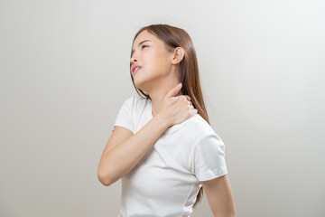 Pain body muscles stiff problem, asian young woman, girl painful with neck pain body ache from...