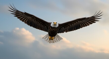 Naklejka premium Majestic Bald Eagle Soaring, Wings Spread Wide, Against Cloudy Sky