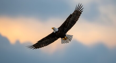 Fototapeta premium Majestic Bald Eagle Soaring Against Pastel Sky, Freedom and Power.