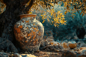 Ancient weathered clay pot rests beneath olive tree, evoking history and tranquility.