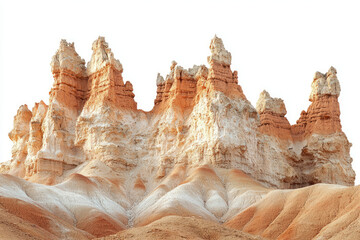 A breathtaking panorama of orange and white sandstone hoodoos, sculpted by erosion into unique formations against a stark white sky.