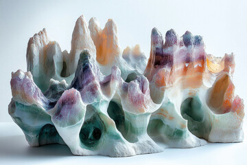 A vibrant, multicolored stone sculpture resembling a miniature, fantastical mountain range with intricate, cave-like formations.