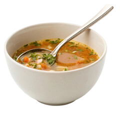 Bowl of soup with herbs and vegetables.