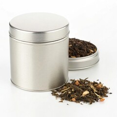 Silver tea tin with loose tea spilling out, showcasing its contents.