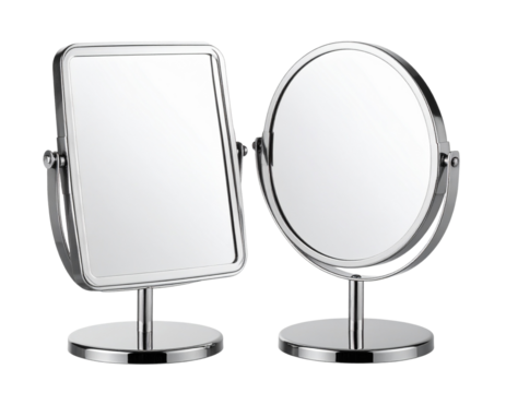 Double-Sided Swivel Vanity Mirror with Chrome Finish, Tilted Angle, Transparent Background.