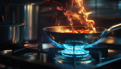 Vibrant cooking scene featuring frying pan with flames, showcasing excitement of culinary arts. gas stove emits bright blue flame, enhancing