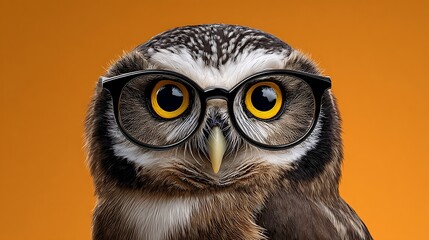 Fototapeta premium Wise owl wearing black round glasses against a vibrant orange background
