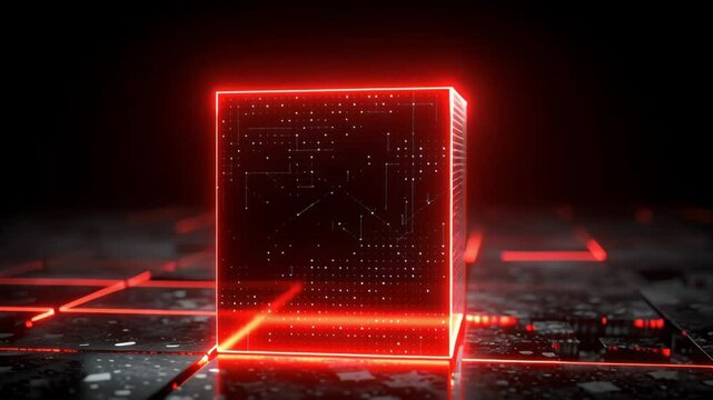 AI system cybersecurity platform glowing red cube digital circuit lines dark background futuristic glowing lines on dark circuit board - Powered by Adobe