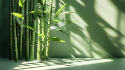 Naklejka premium Lush Green Bamboo Stalks with Shadows on a Soft Green Background
