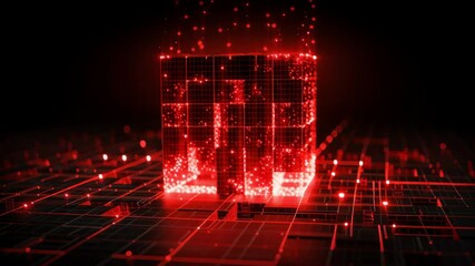 Digital red glowing cube on dark grid network with data points showcasing advanced technology and AI system cybersecurity platform protection - Powered by Adobe