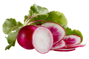 Fresh red radish with green leaves, sliced and whole.