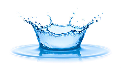 Water splash in blue liquid with vibrant droplets and ripple effects. Transparent background