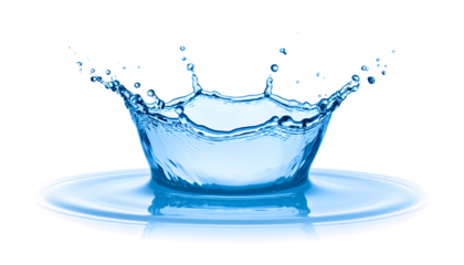 Water splash in blue liquid with vibrant droplets and ripple effects. Transparent background