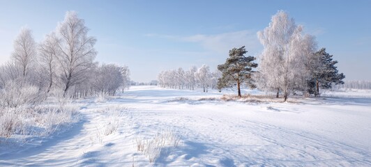 Fototapeta premium The serene winter landscape showcasing trees covered in snow and blue skies.