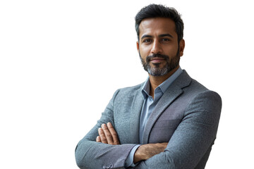 Confident middle-aged man with arms crossed, wearing a grey suit and light blue shirt. background removed