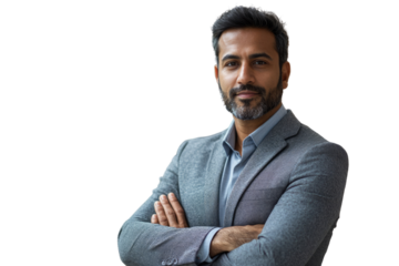 Confident middle-aged man with arms crossed, wearing a grey suit and light blue shirt. background removed