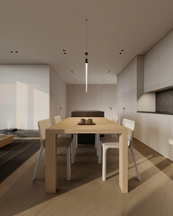 Open space living room and kitchen interior with large windows, cozy sofa, dining table and hardwood flooring. Modern design solution, 3d rendering