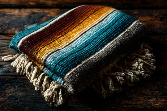 Cinco de mayo fiesta party and indigenous cultures of Mexico concept theme with a Mexican rug called a serape isolated on wood background with copy space