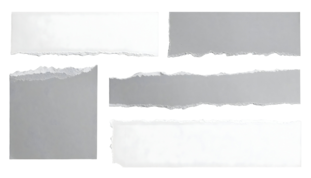 Assorted torn paper pieces in white and gray hues. Transparent background