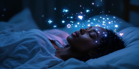 Black woman sleeping indoors at night, with digital symbols representing neural decoding of dreams emanating from her head. Concept of dream analysis and technology.