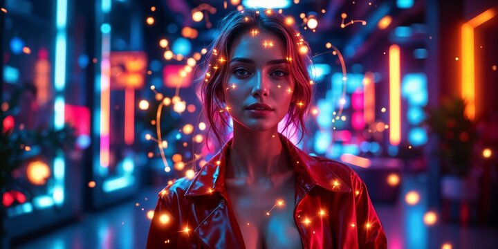 Virtual influencer woman in a red jacket stands smiling amidst digital lights in a neon-lit cityscape. Concept of AI technology and digital media.