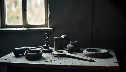 Curated Still Life Featuring Aged Metal Parts and Vintage Hand Tools

Rustic Still Life Composition with Weathered Tools and Industrial Elements

Artistic Display of Antique Metal Components and Manua