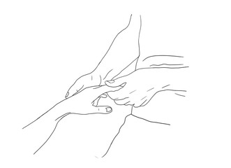 Hands receiving relaxing massage treatment through two hands, it is a black linear drawing with an implicit circular frame