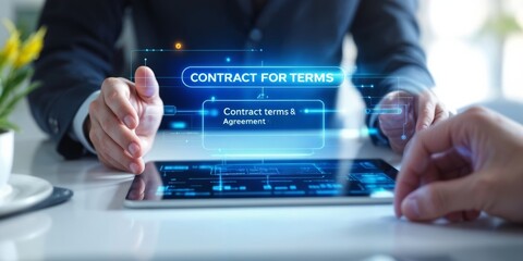 Businessman using AI negotiator on a tablet to establish contract terms in a modern office. Concept of digital agreement technology.