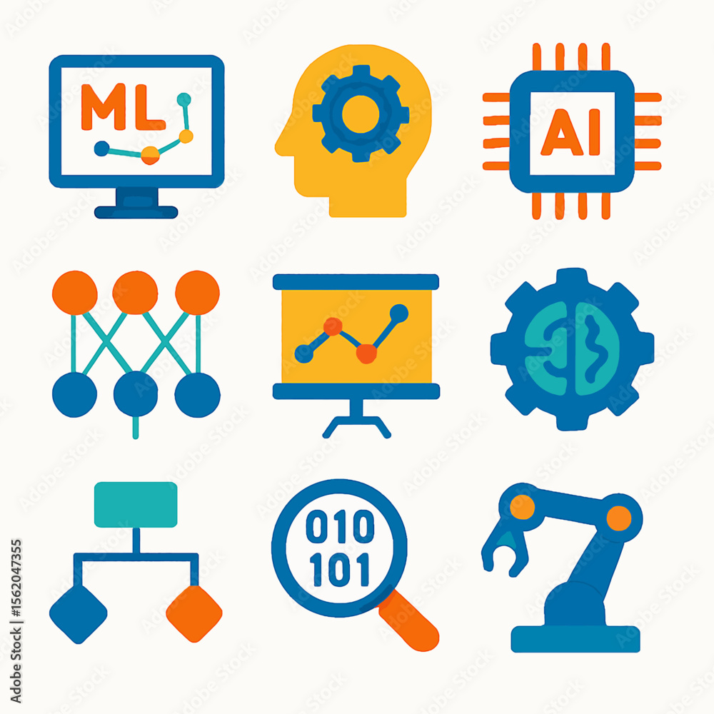 Poster ai and machine learning concepts represented by vector graphics icons set