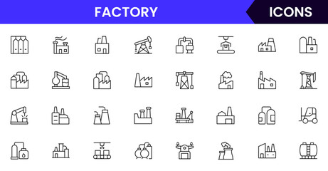 Factory vector web line icon collection, sleek illustrations of machinery, EV production, automation, and industrial tools for manufacturing designs.