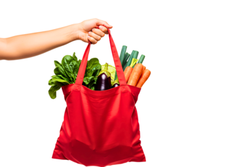 Hand holding a reusable green mesh bag filled with fresh vegetables