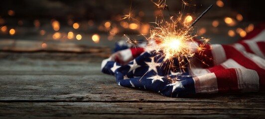 The sparkling sparkler resting on an American flag on a rustic wooden table.