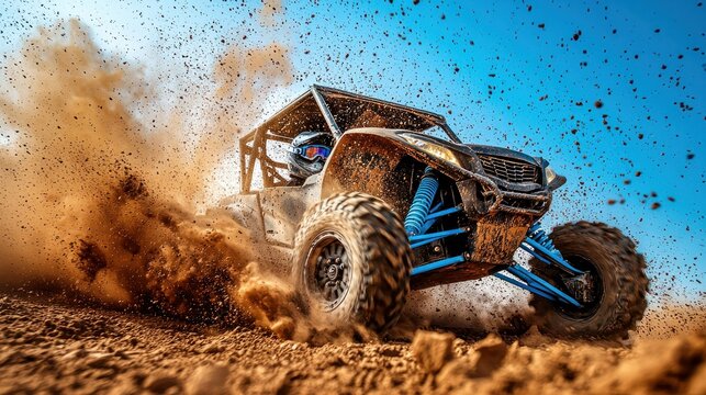 Off-road vehicle plowing through a cloud of dust