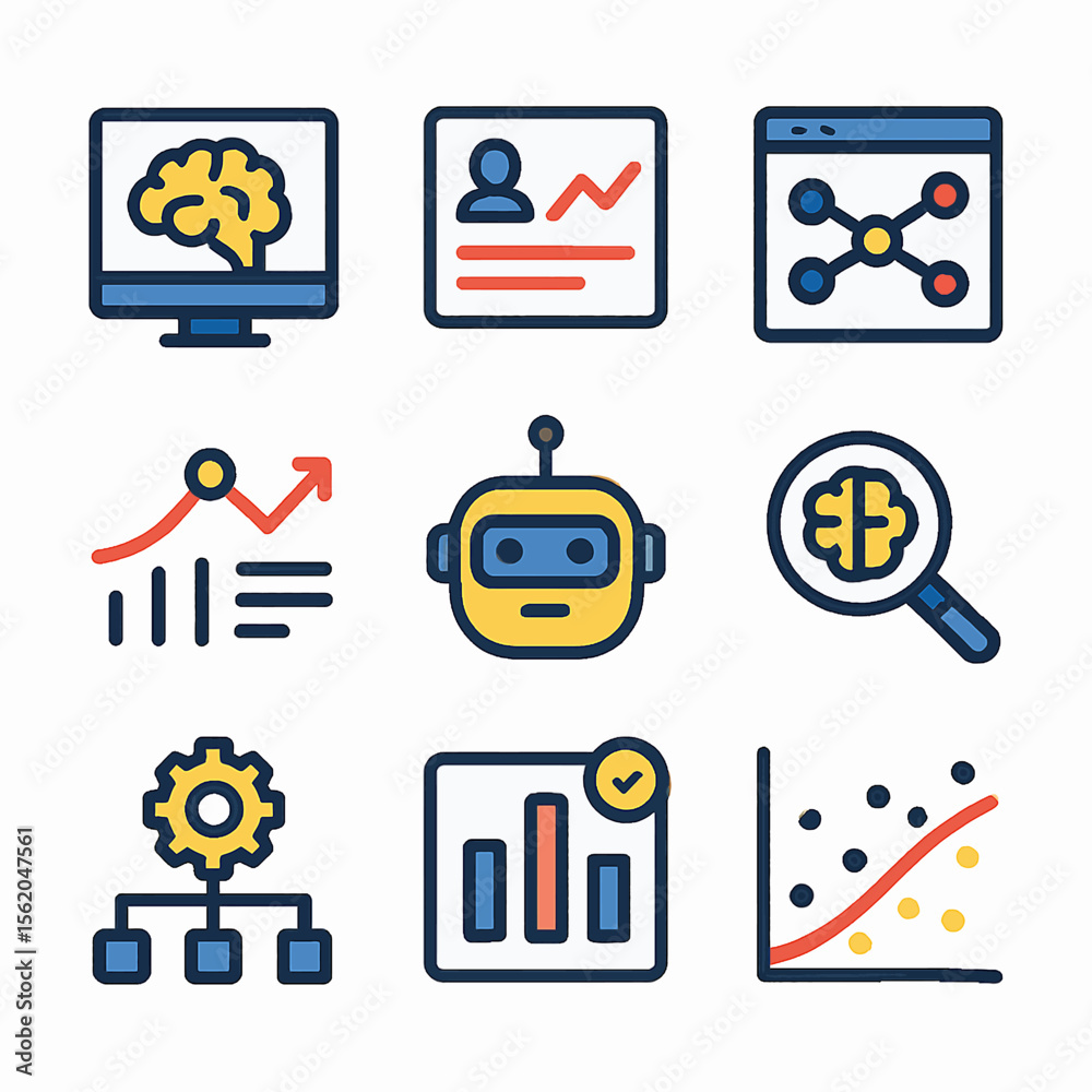 Poster artificial intelligence and data analysis icons depicting machine learning concepts