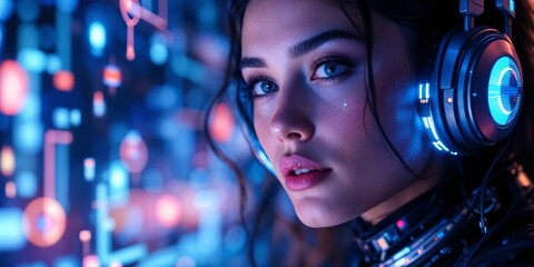 Close up of Virtual influencer Caucasian woman wearing LED headphones in a digital futuristic environment, showcasing advanced technology, copy space area.