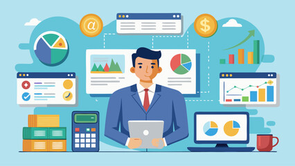 A man is sitting at a desk with a laptop and tablet, surrounded by various icons and graphs. Concept of productivity and focus, as the man is likely working on a project or analyzing data