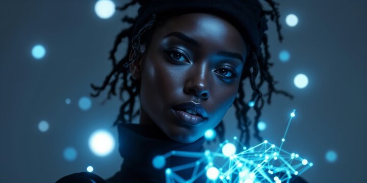 Conceptual of AI-generated virtual influencer black woman with digital network visual, conveying futuristic technology and innovation, copy space area.