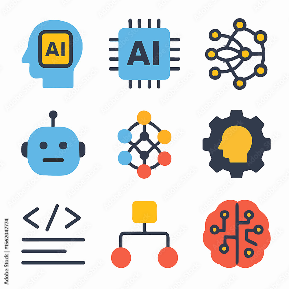 Poster artificial intelligence concept icons set featuring robot, brain, circuit, and coding