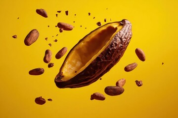 Cocoa pod flying in the air. Cracked and whole cocoa pod and beans levitate on yellow background. ai generative