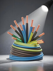 A vibrant tangle of multicolored electrical wires with exposed copper strands and a green work glove are dramatically spotlighted against a dark